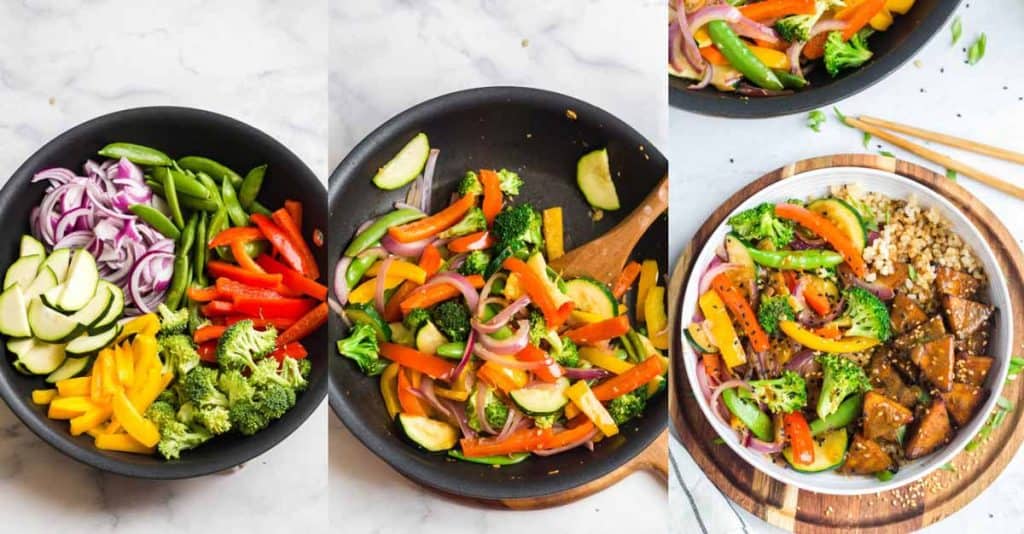 collage of images showing steps to make Teriyaki tofu stir fry bowls with coconut rice