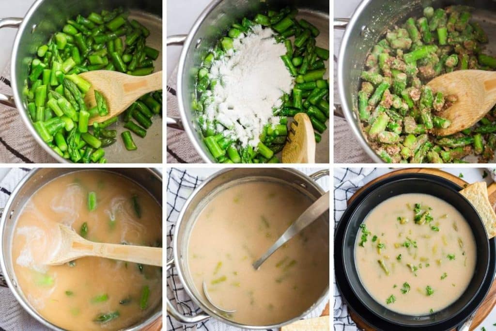 collage of images showing steps to make Healthy Cream of Asparagus Soup Recipe