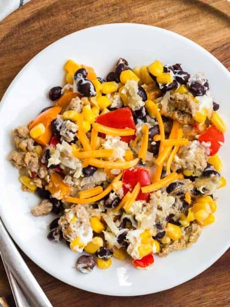 easy breakfast casserole with potatoes on a white plate