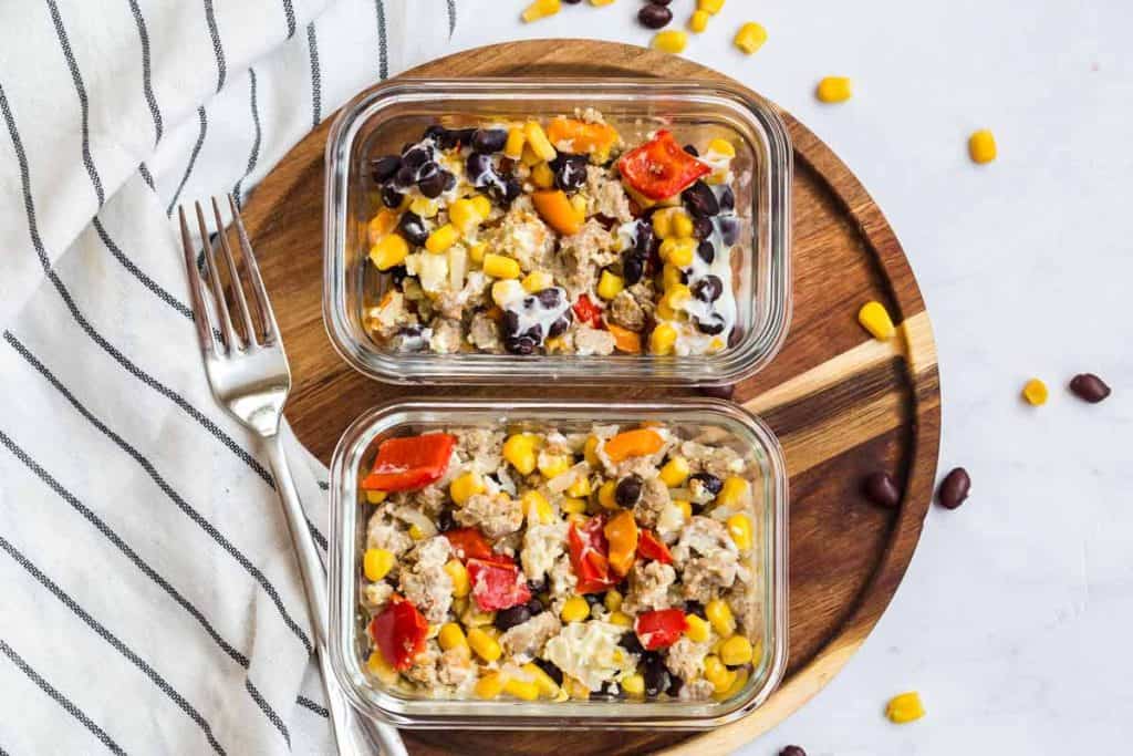 breakfast casserole in meal prep glass containers