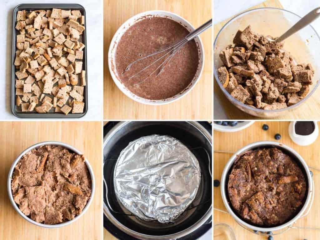 collage of images showing steps to make Healthy French Toast Casserole