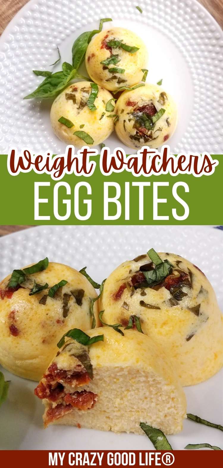 two images of white plates with three egg bites on each. Text showing recipe title