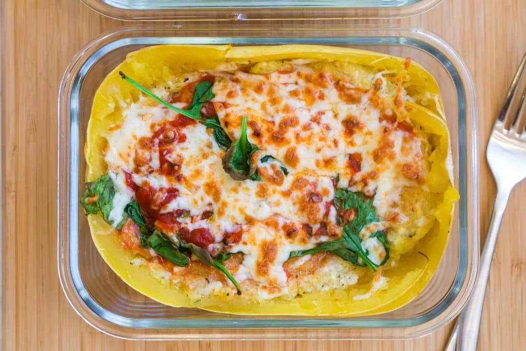 spaghetti squash lasagna in a glass meal prep container