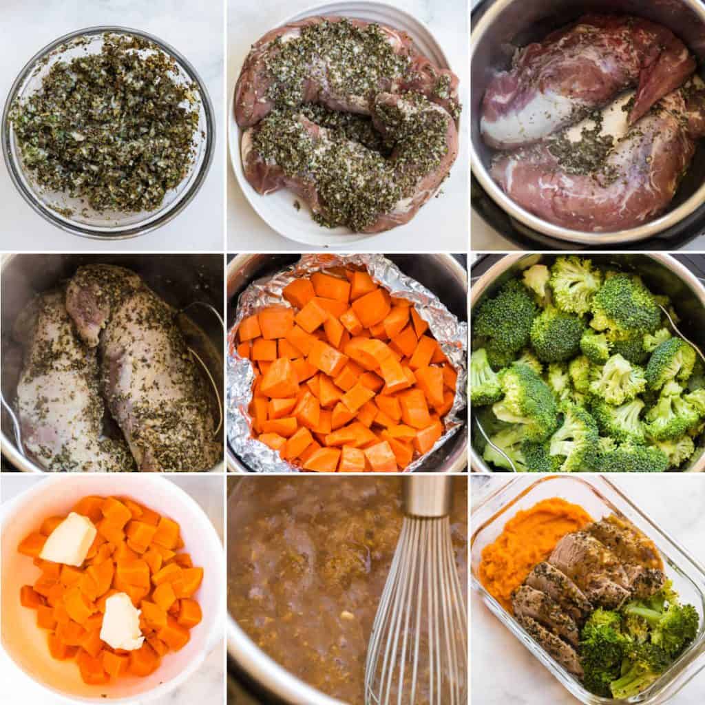 collage of steps to make Instant Pot Garlic Pork Tenderloin with Potatoes