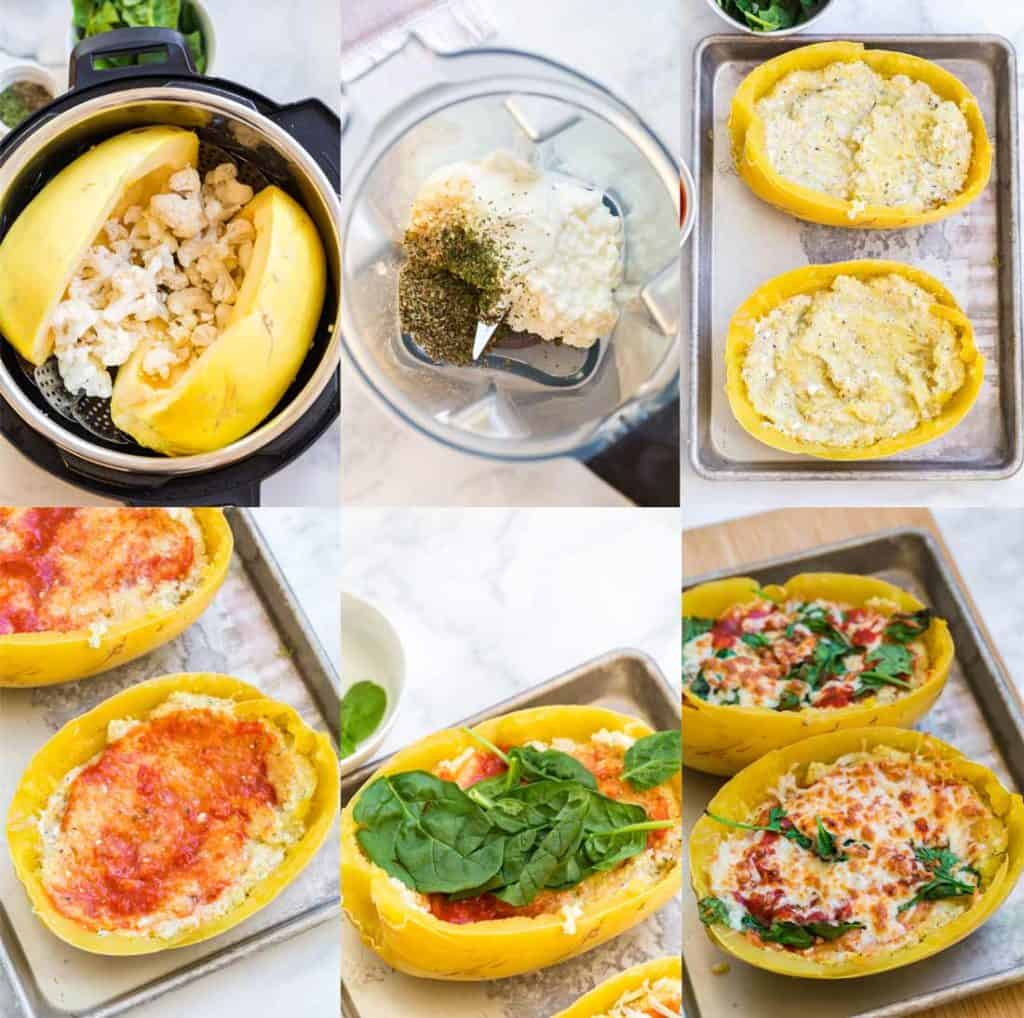 This collage shows the steps of how to make spaghetti squash lasagna in the instant pot in chronological order. The final image is of a slightly browned spaghetti squash lasagna.