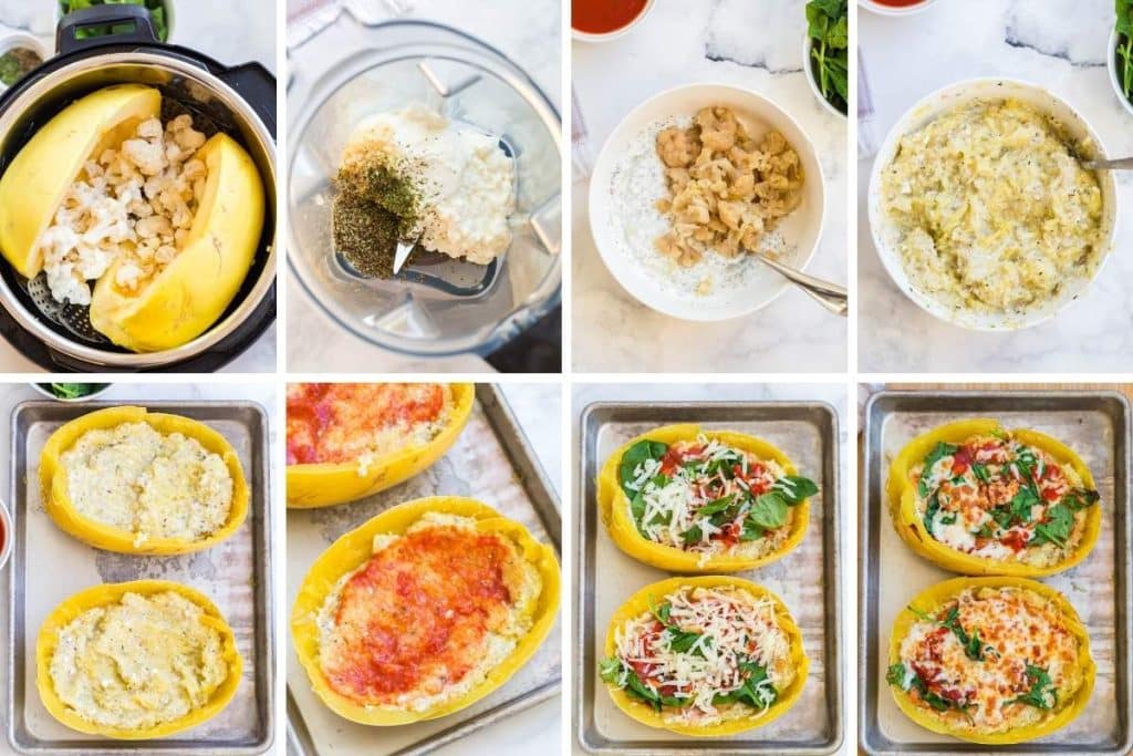 collage of 8 images showing steps to make spaghetti squash lasagna boats 