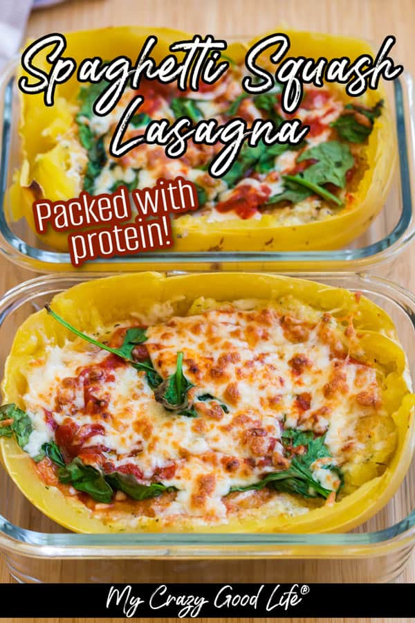 two halves of cooked spaghetti squash lasagna on a countertop. There is text on the image for Pinterest. 