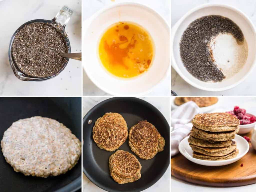 collage of images showing steps to make Vegan Whole Wheat Pancakes