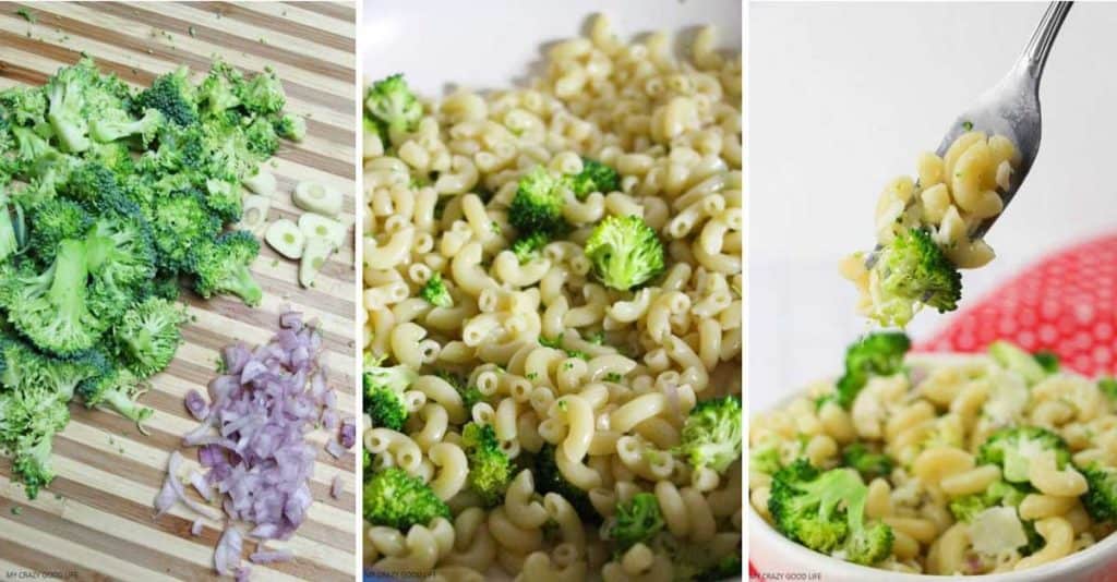 collage of images showing steps to make Broccoli Pasta Salad with Parmesan
