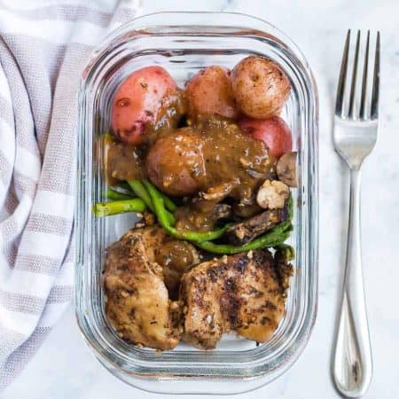 Instant Pot Lemon Chicken served in a glass meal prep container