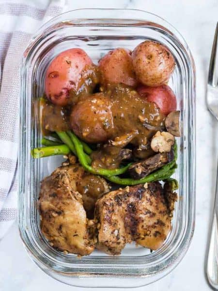 Instant Pot Lemon Chicken served in a glass meal prep container