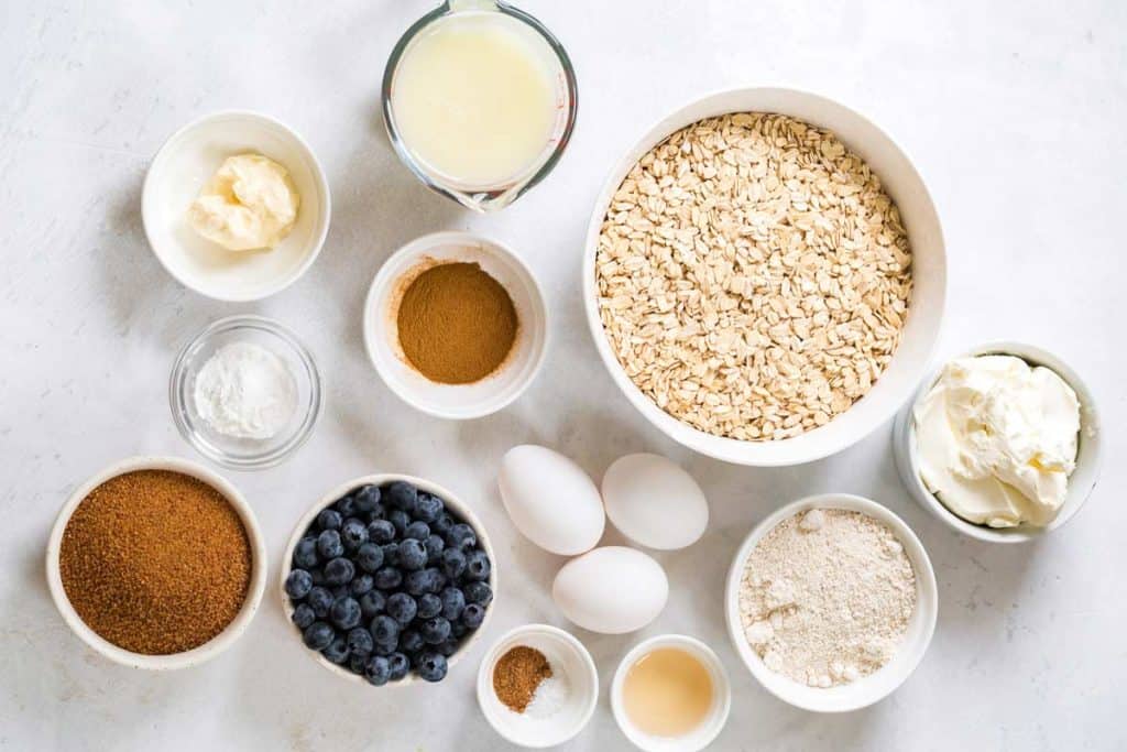 ingredients in bowls needed to make Blueberry Oatmeal Bake