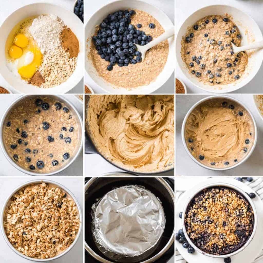 collage of 9 images showing the steps to make Blueberry Oatmeal Bake