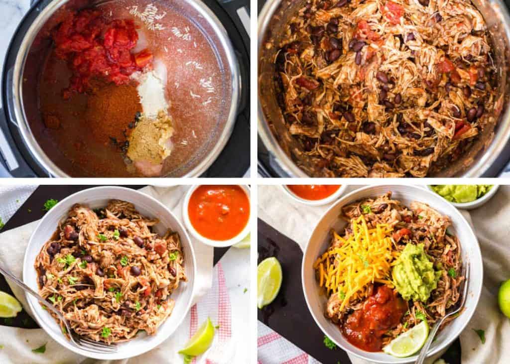 collage of four images showing steps to make Instant Pot Chicken Burrito Bowls