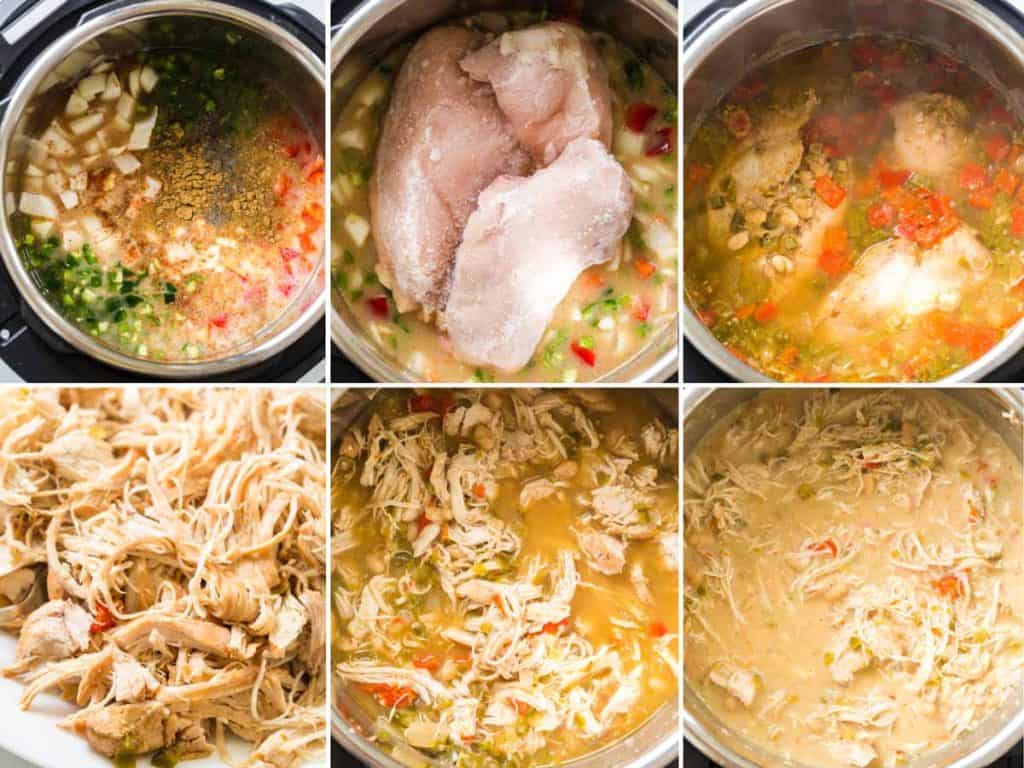 collage of six images showing steps to make WW White Chicken Chili in the Instant Pot.