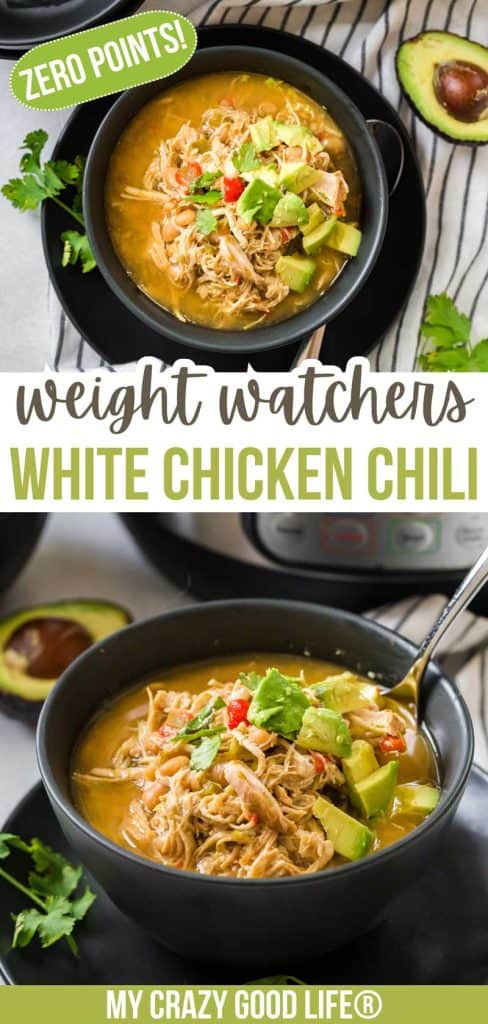 two images of white chili in black bowls with recipe name text in center for Pinterest