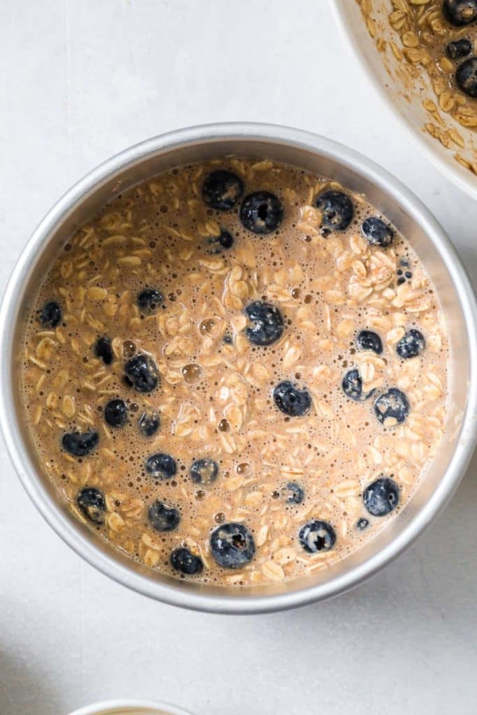 wet Blueberry Oatmeal Bake mixture inside instant pot pan