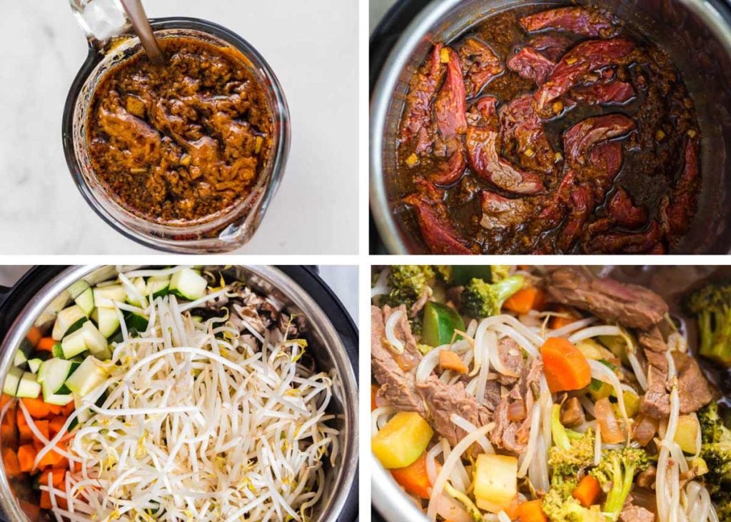 collage of four images showing steps to make Instant Pot Beef Stir Fry