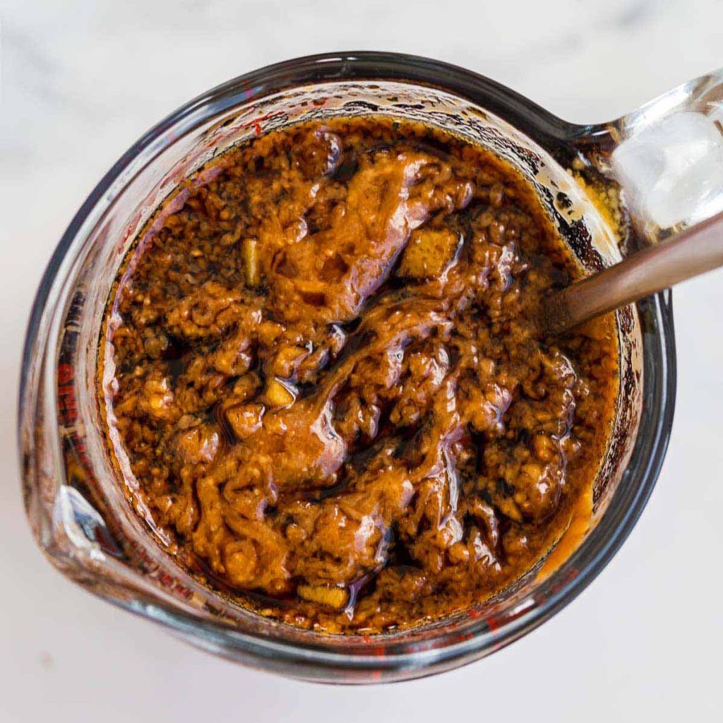 top down view of sauce used in this Instant Pot Stir Fry, in a clar jar