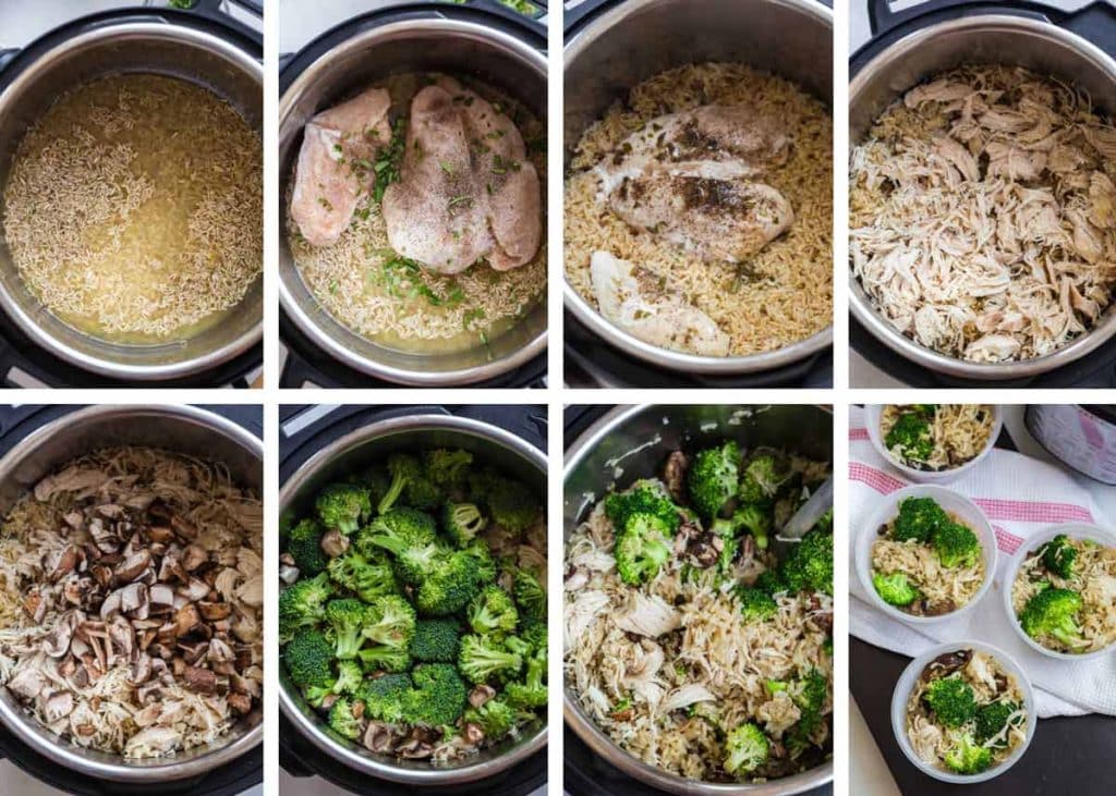 collage of 8 images showing steps to make One Pot Chicken and Rice with Veggies