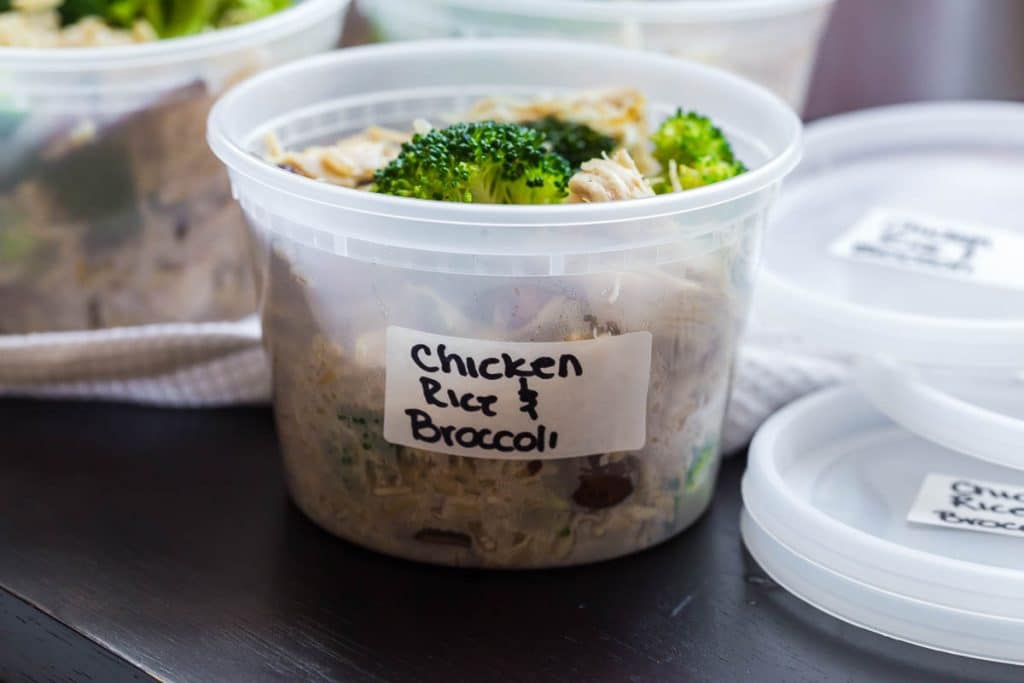 view of label on meal prep container of One Pot Chicken and Rice with Veggies