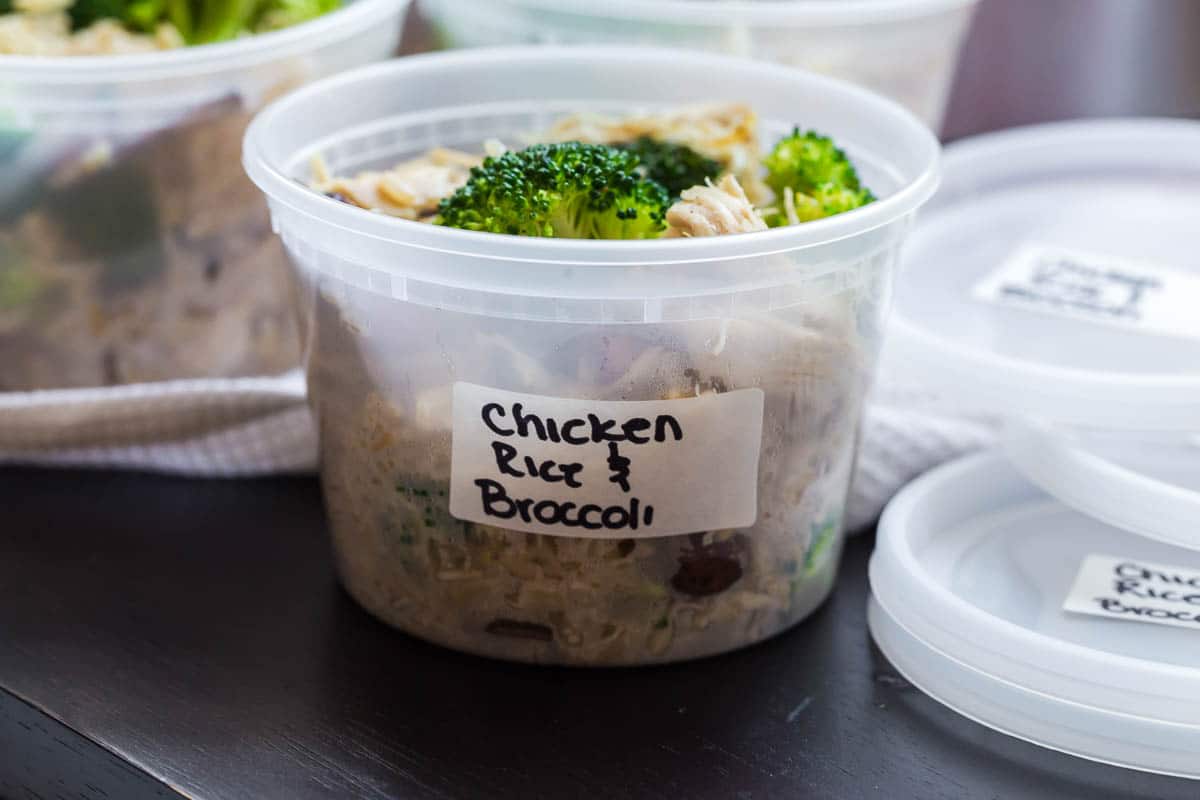 View of label on meal prep container of Chicken and Rice with broccoli.