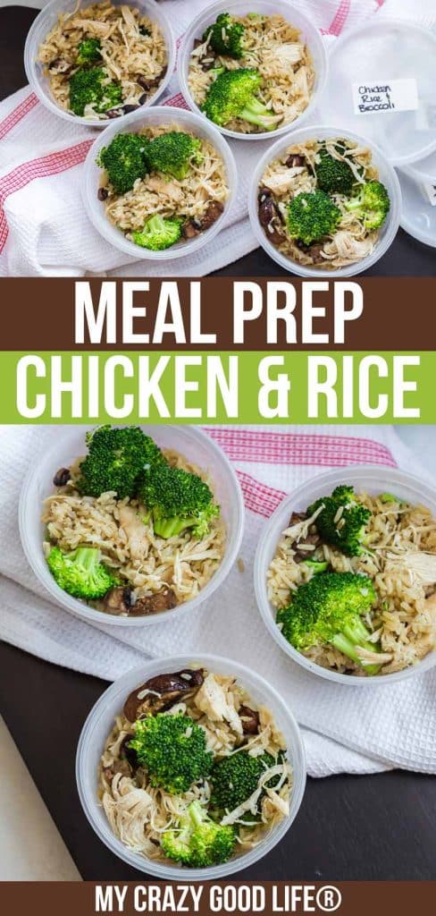 two images of meal prep containers containing chicken and rice with large text that says meal prep chicken and rice