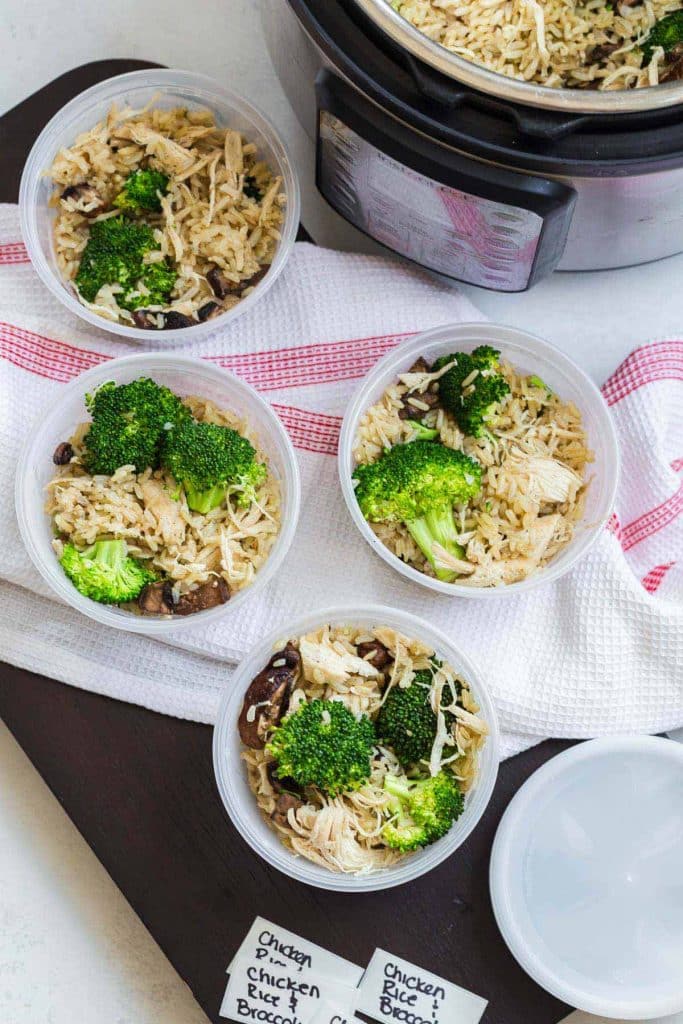 chicken, rice, and broccoli in meal prep containers