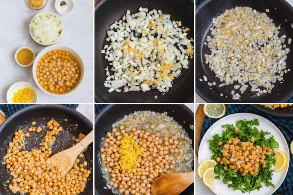 collage of six images showing steps to make chickpea salad