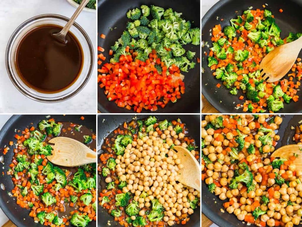 collage of six images showing steps to make sweet and sticky sesame chickpeas & veggies