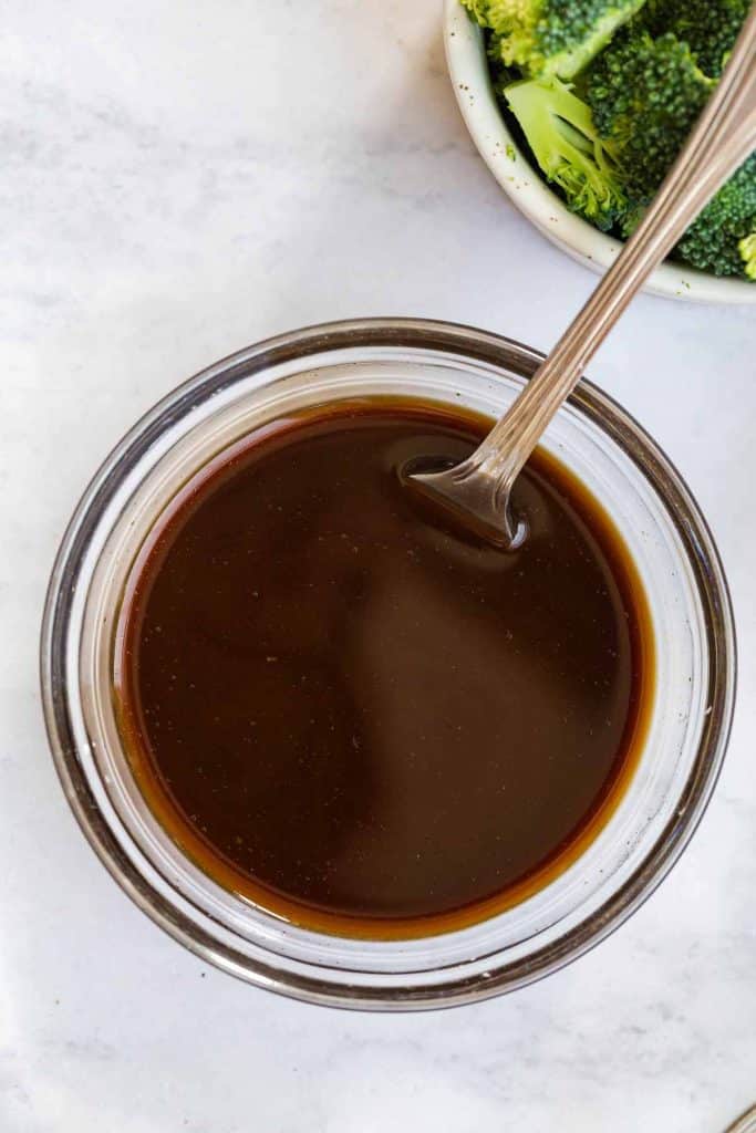 coconut aminos and other ingredients in a clear bowl