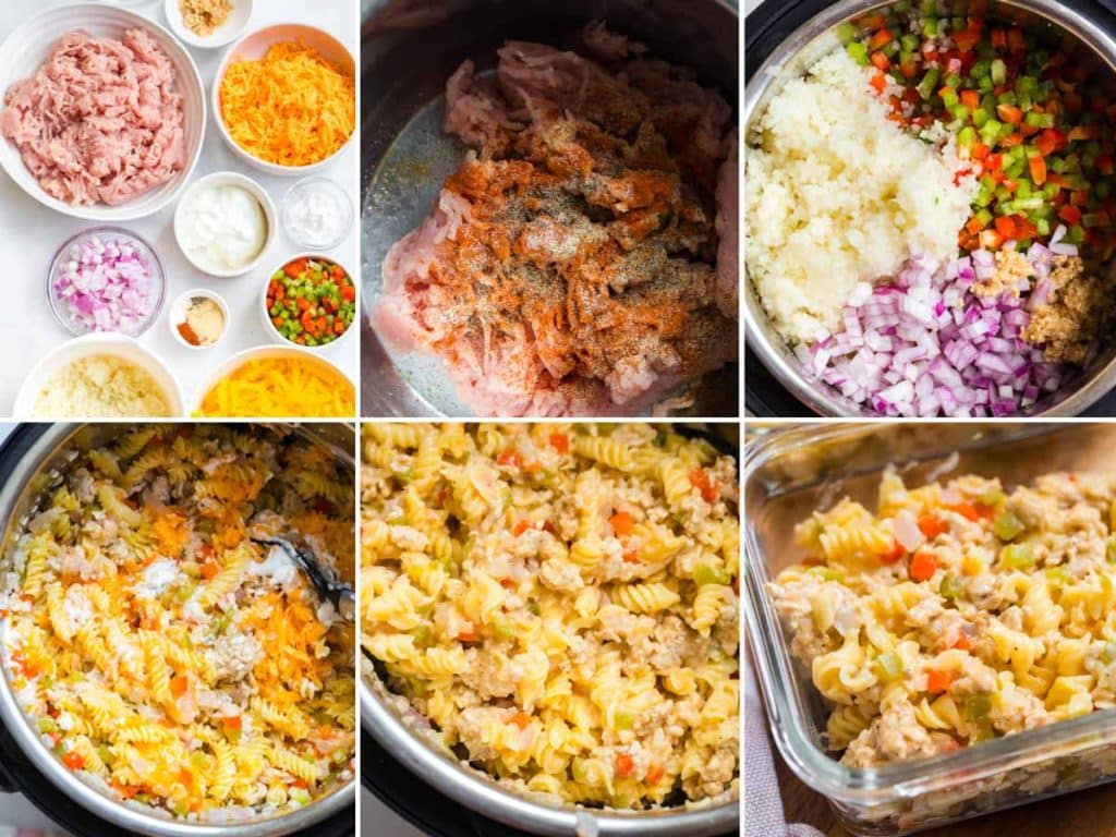 collage of six images showing steps to make Philly Cheesesteak Pasta in the instant pot