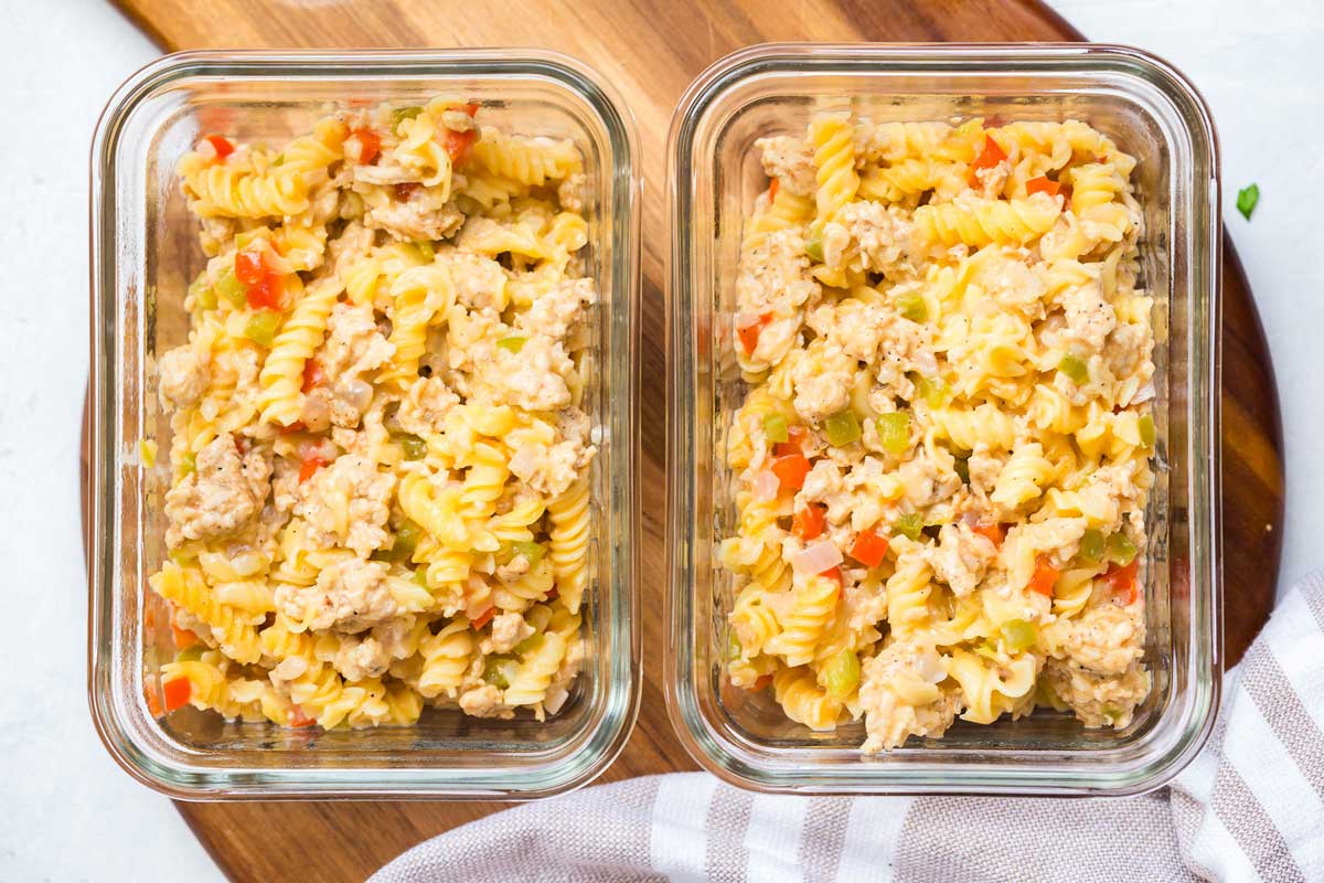 Two glass meal prep containers full of Philly Cheesesteak Pasta.