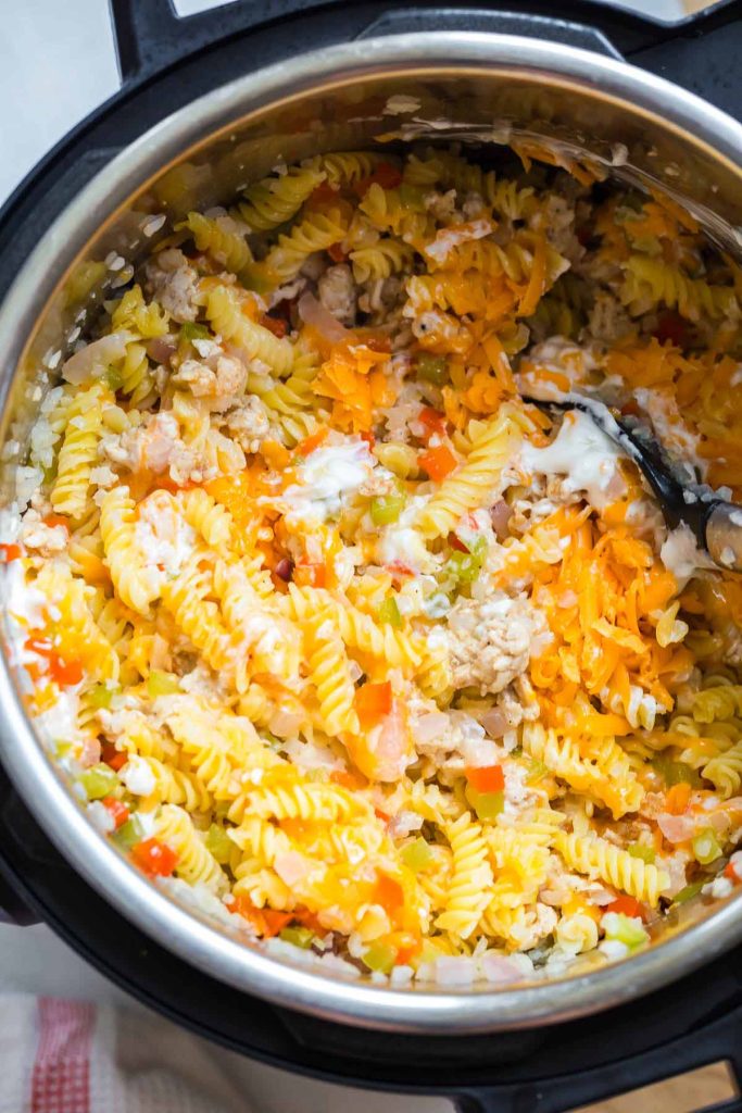 philly cheesesteak pasta cooking in the instant pot