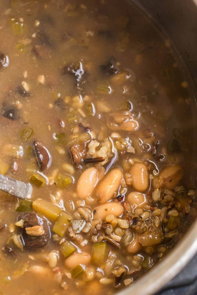 Wild Rice and Mushroom Soup being cooked in the instant pot