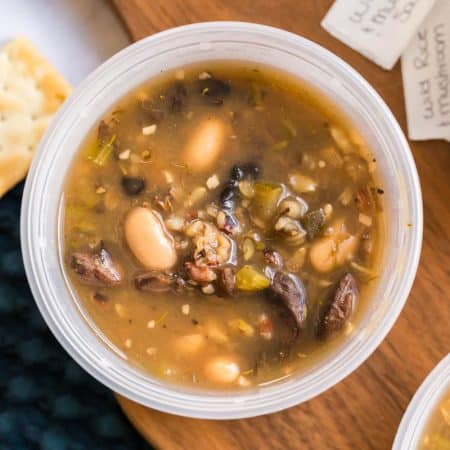 close up of Wild Rice and Mushroom Soup in a meal prep bowl