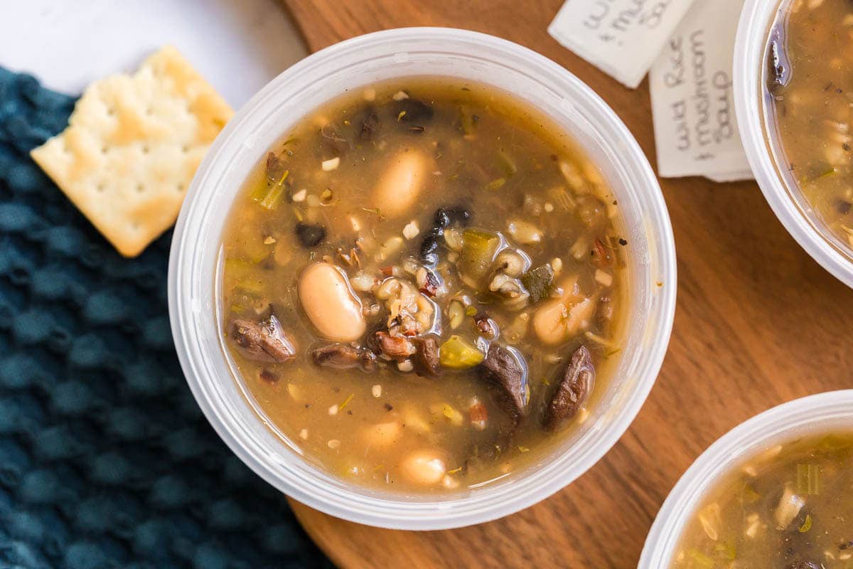 Close up of Wild Rice and Mushroom Soup in a meal prep bowl.
