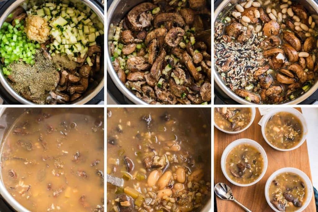 collage of six images showing steps to make wild rice soup