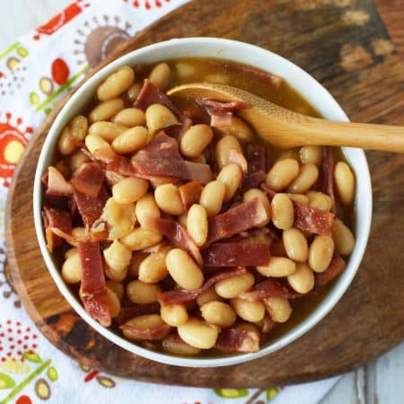 top down view of homemade baked beans with bacon