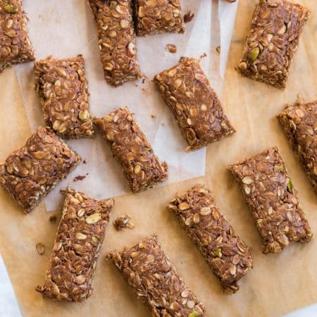 top down view of cut granola bars on parchment paper