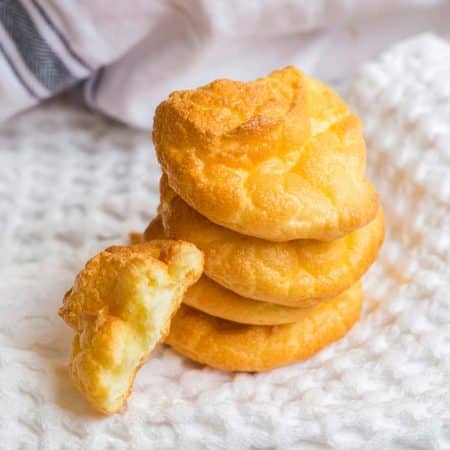 image of cloud bread, stacked 4 high with one half piece off to the left